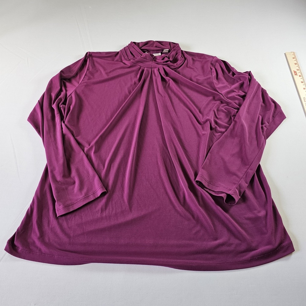 Susan Graver Women's Luxe Pleated Mock Neck Plum Size 1X Long Sleeve Career EUC